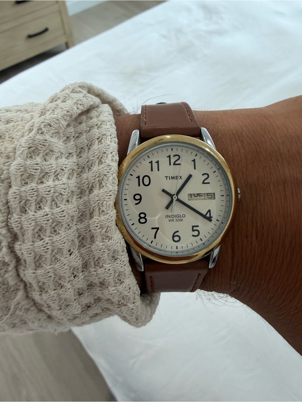 Timex Cream Dial Brown Leather Strap Watch with Gold Bezel